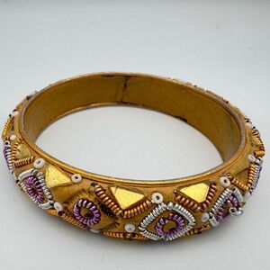 Vintage Boho Handcrafted Wire Wrap Bead Rhinestone Bangle Bracelet Gold Purple 8